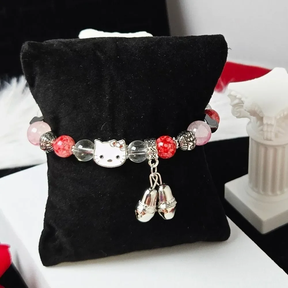 Hello Kitty Beaded Bracelet Pink Marble Resin Hematite Heart Bell Charm Kawaii